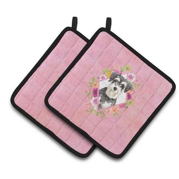 Carolines Treasures Carolines Treasures CK4222PTHD 7.5 x 7.5 in. Schnauzer No.2 Pink Flowers Pair of Pot Holders CK4222PTHD